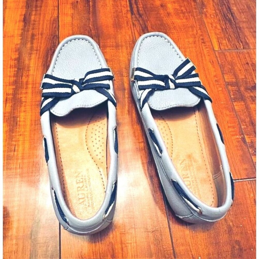 Lauren Ralph Lauren Becka Preppy Lilac-Gray Leather Loafers Blue-White Bow 7.5B